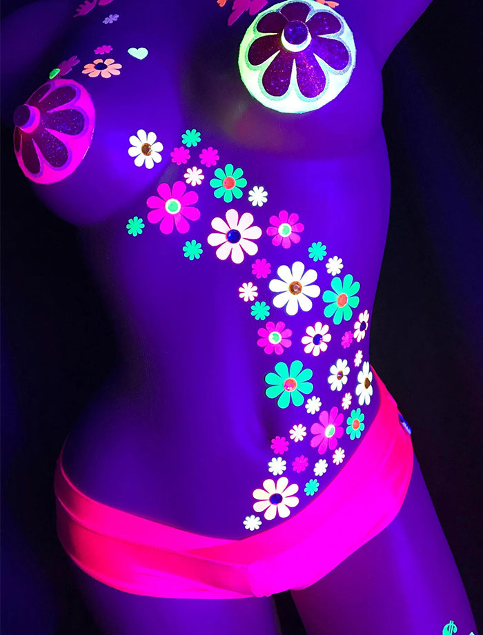 Blacklight light Up Floral Daisy Body Stickers