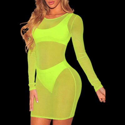 Neon Green Sheer Mesh Long Sleeve Glow Dress
