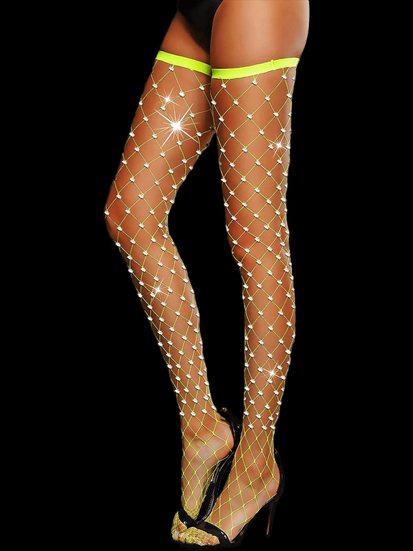 Rave Fishnets Neon Green Thigh High Tights With Shiny Rhinestones