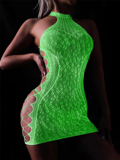 Glow-in-the-Dark Fishnet Halter Mini Dress